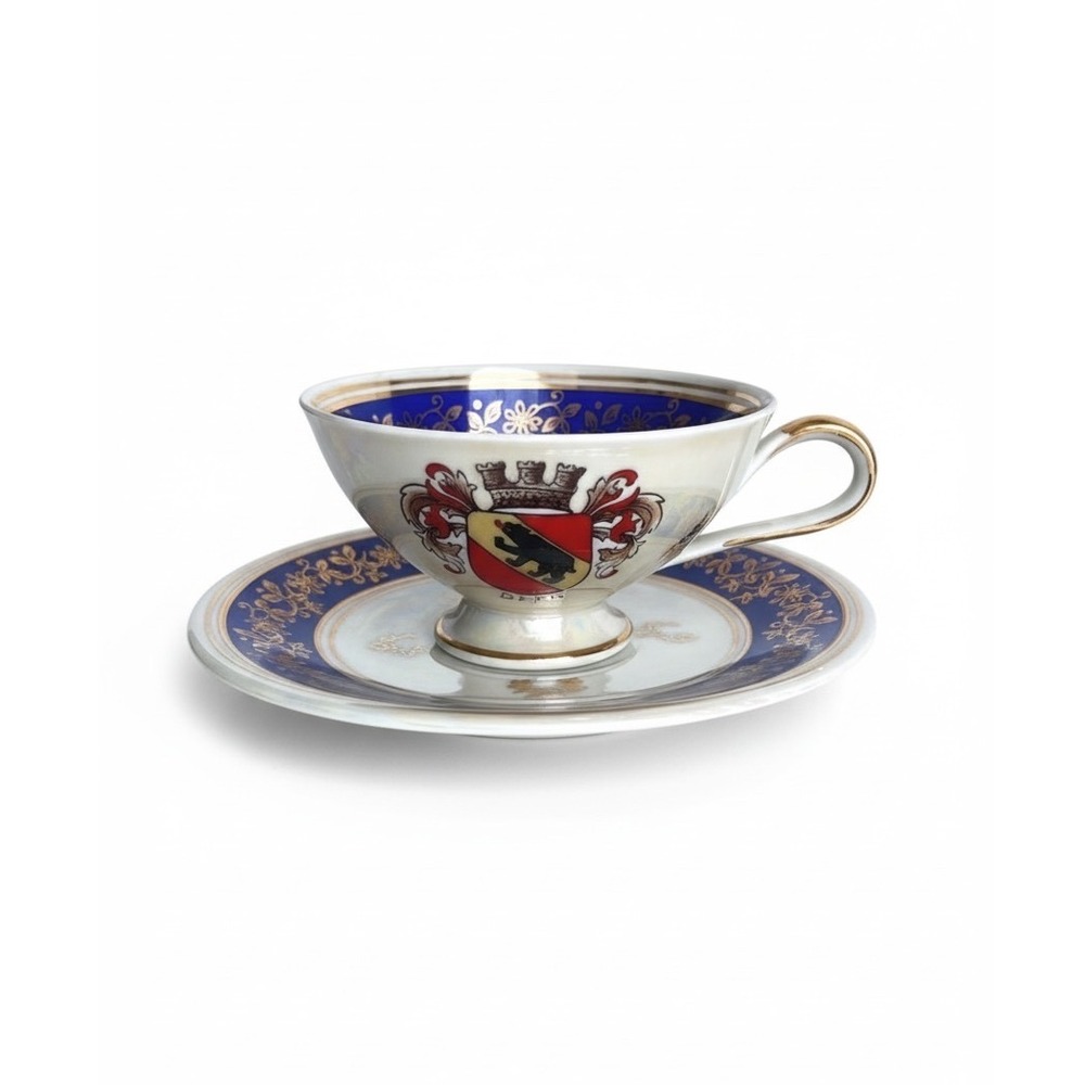 GVD Bavaria Bern Switzerland Coat of Arms Lusterware‎ Tea Cup Saucer Cobalt Gold